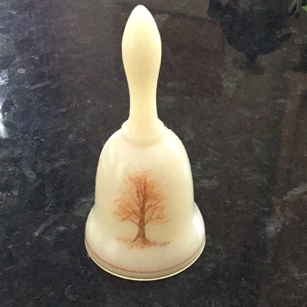 Hand Painted Vintage Fenton Custard Glass Bell Autumn‎ Tree Signed Vicki F Decor